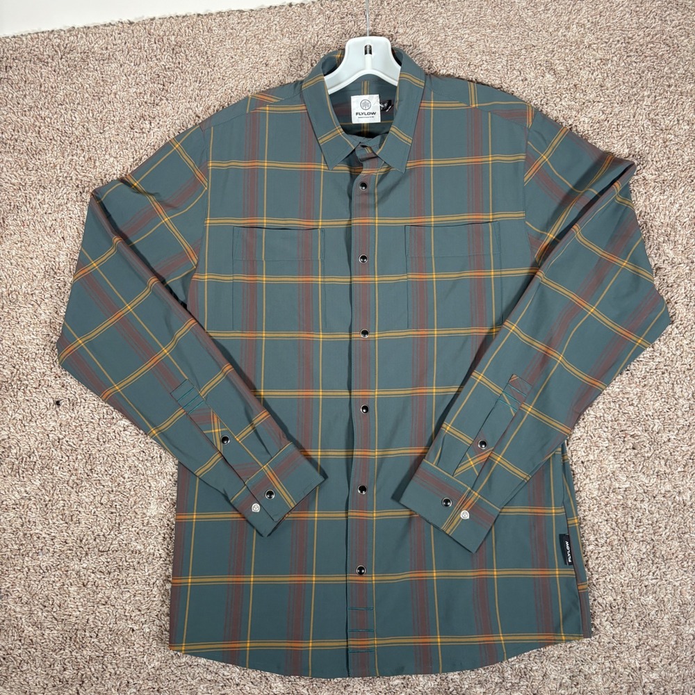 Flylow Mens Plaid Snap Front Performance Shirt Teal Orange 8021-2022 Medium